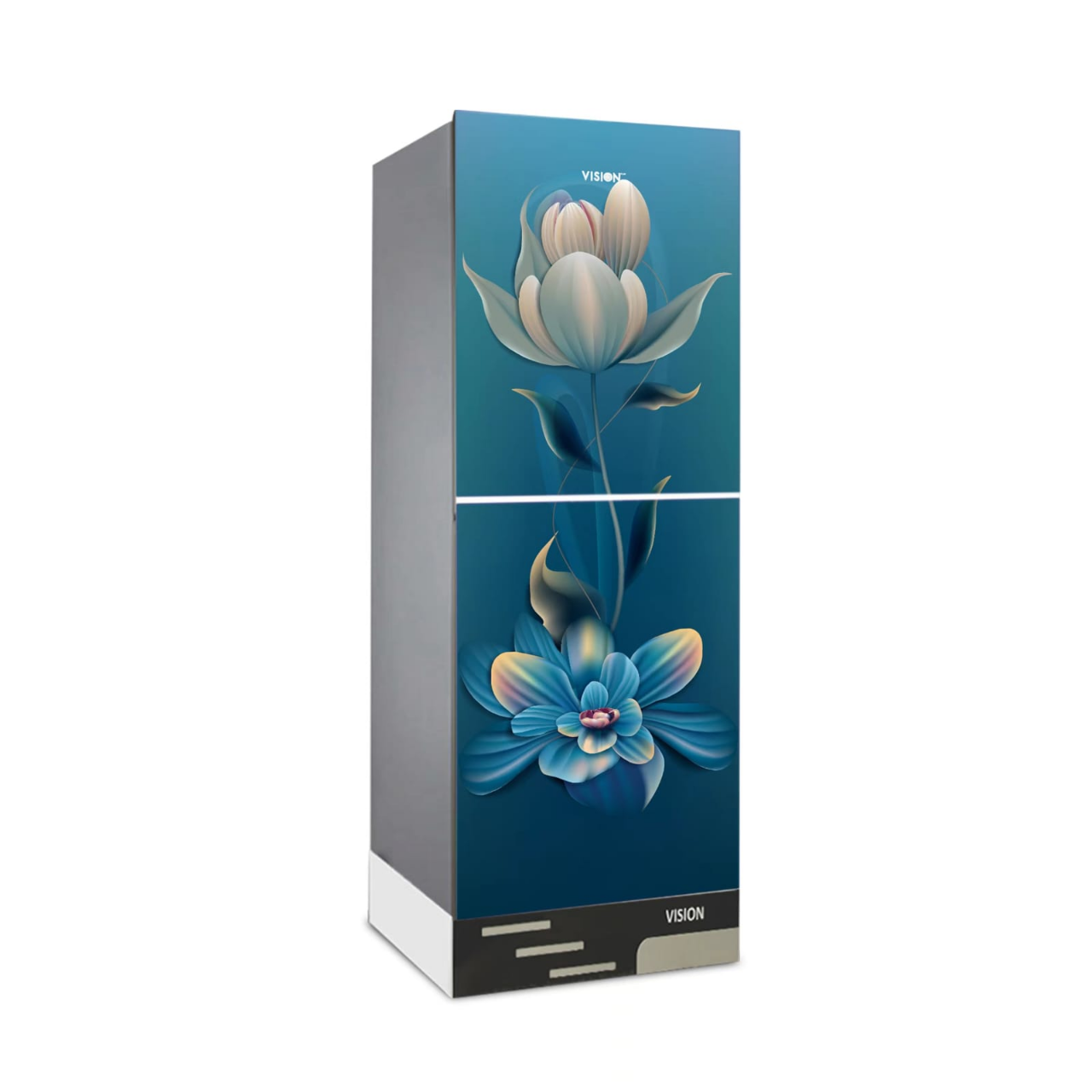VISION Glass Door Refrigerator RE-150 Liter Sky Blue Flower Top Mount
